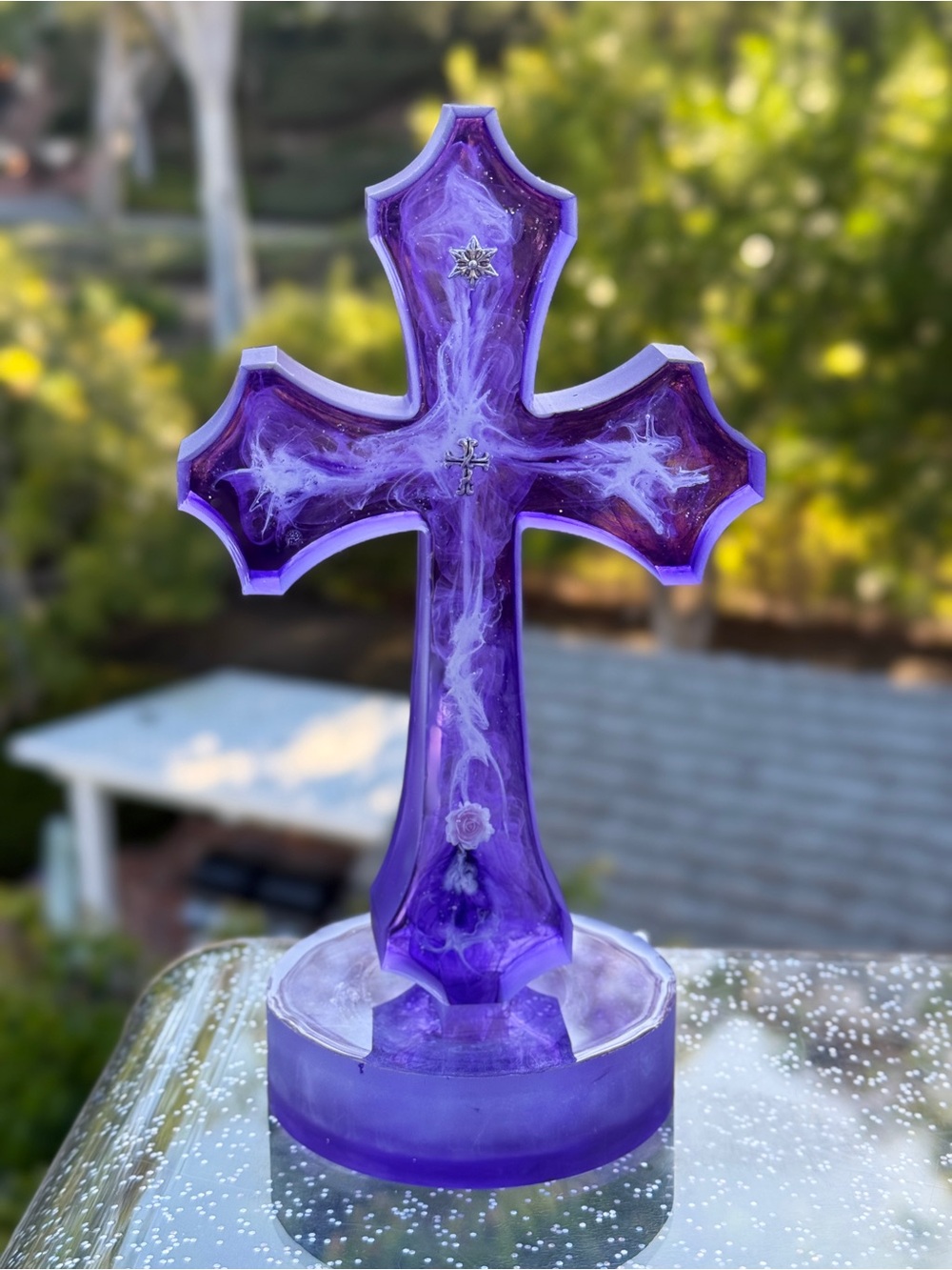 Elegant Purple Resin Cross Sculpture with White Marbling